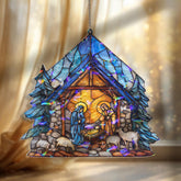 Nativity Acrylic Suncatcher, Holy Family in Manger Window Hanging Ornament, Christmas Stained Glass Style Christian Holiday Home Decor